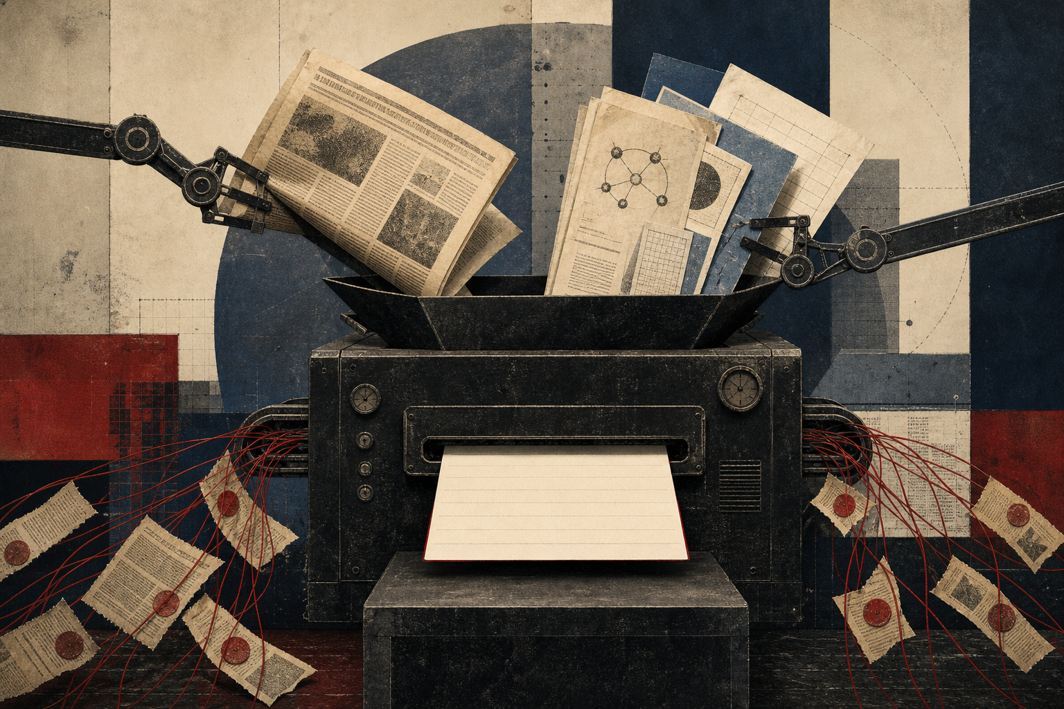 Editorial collage of source documents entering a large automated platform and emerging as an answer card