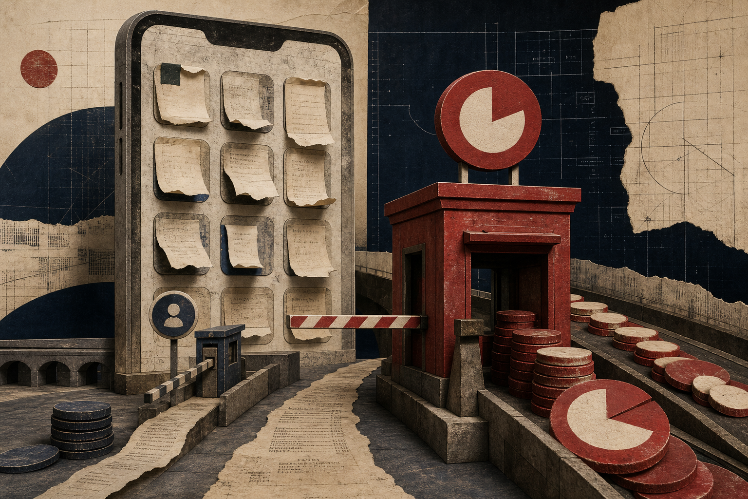 Editorial collage of a paper app storefront separated from a toll booth by a payment barrier