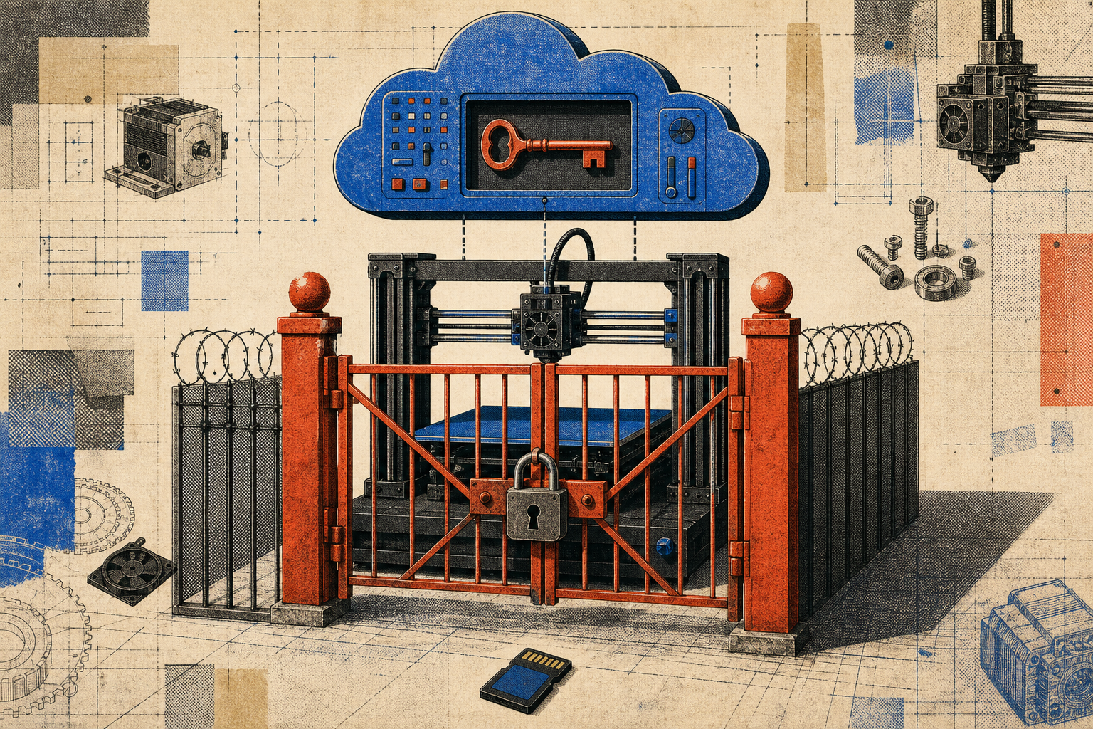 Editorial collage of a 3D printer behind a locked gate and cloud key