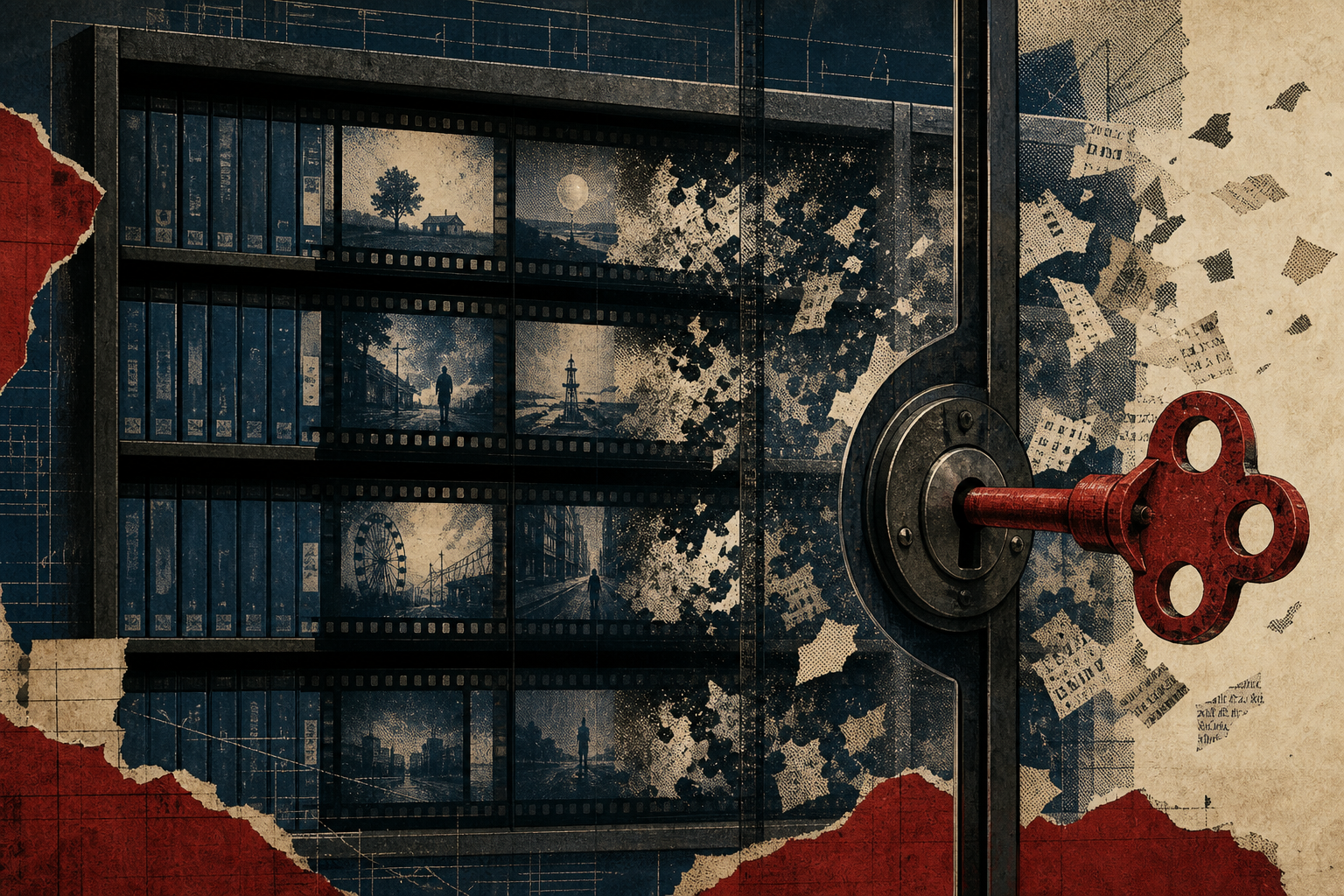 Editorial collage of a film library held inside a time-limited digital vault
