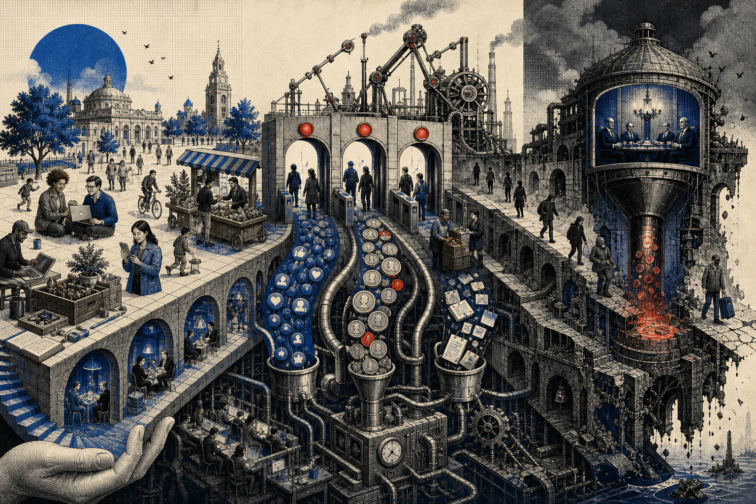 Editorial collage tracing a useful public platform through toll gates into a decaying extraction machine