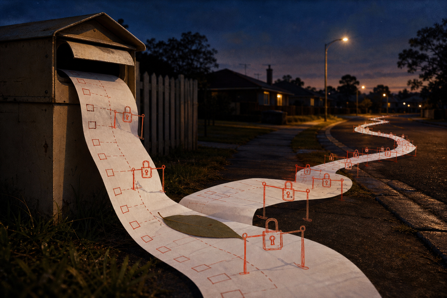 A suburban letterbox releasing a paper path blocked by tiny padlocks