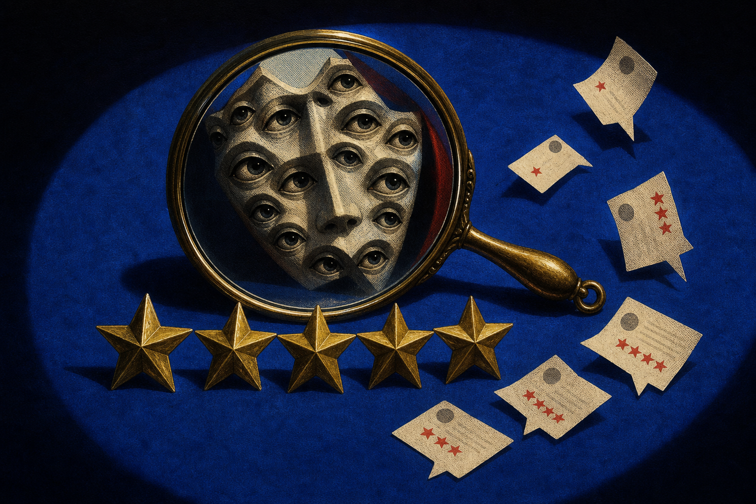 Editorial artwork of a marketplace reputation system reflected through a magnifying glass filled with watching eyes