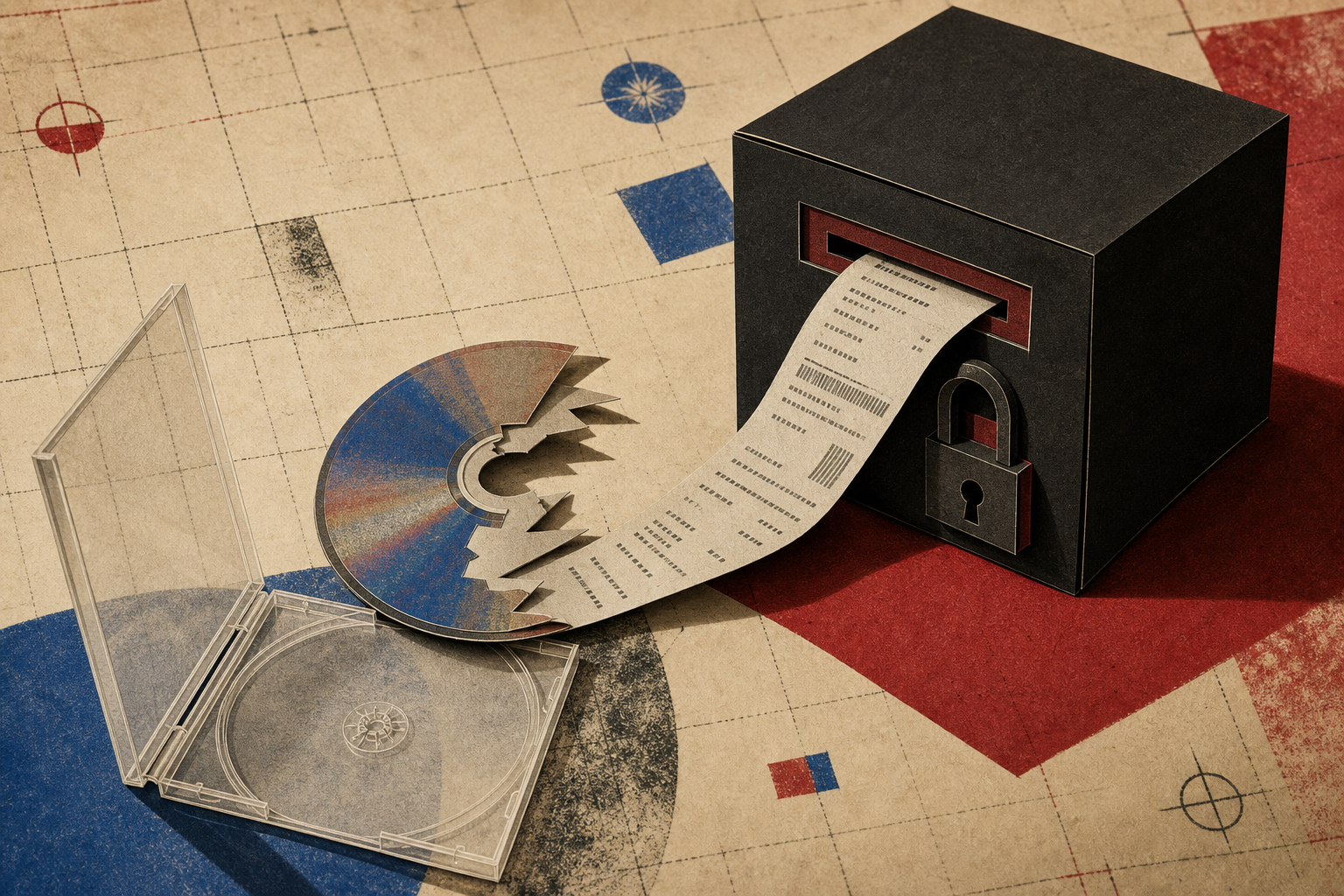Editorial collage of a broken disc becoming a receipt inside a locked box