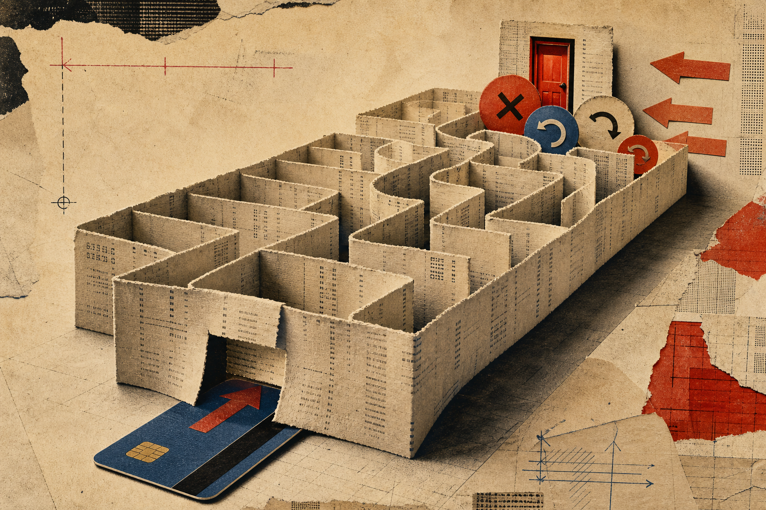 An invoice, payment card and laptop beside a hand-drawn exit arrow