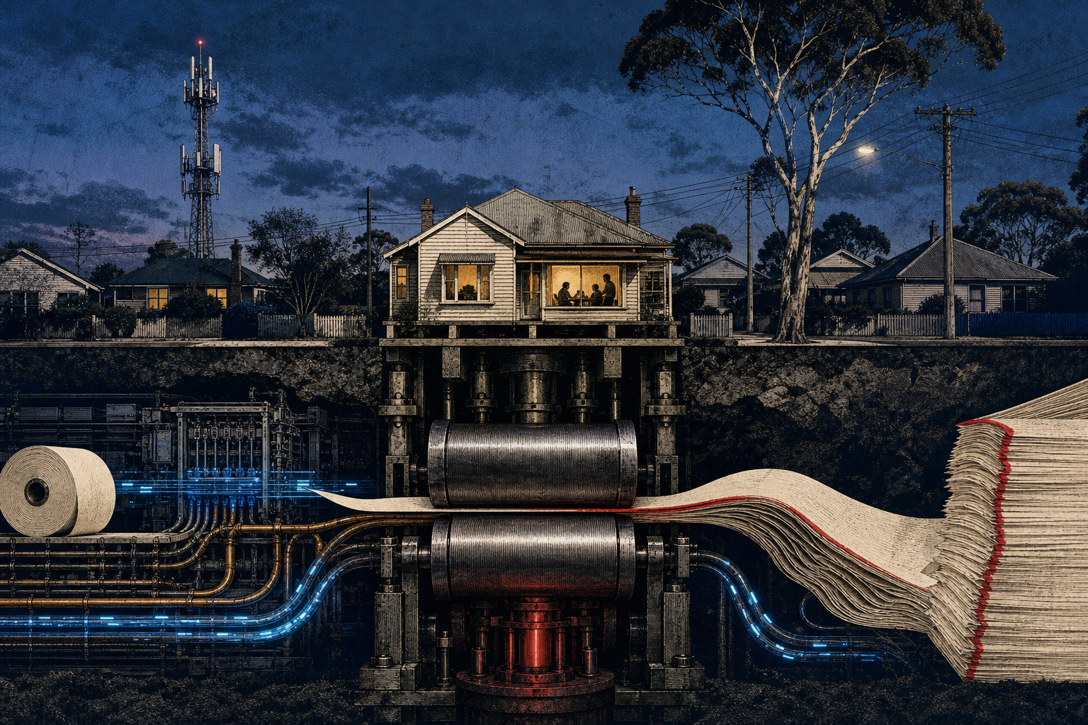 Editorial cutaway showing network data and a wholesale bill passing beneath an Australian home and emerging heavier